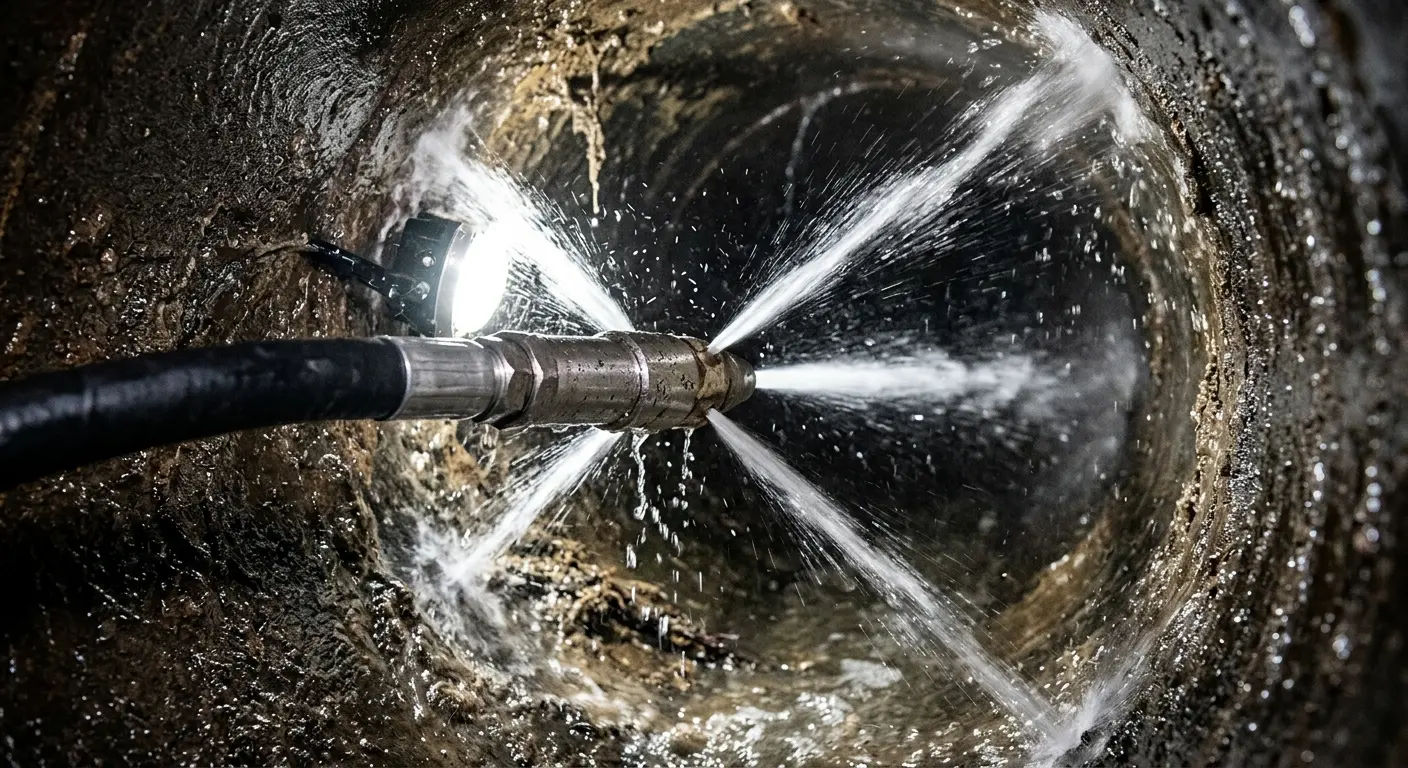 High-pressure hydro jetting nozzle cleaning sewer pipe for Emergency Drain Service in Canyon