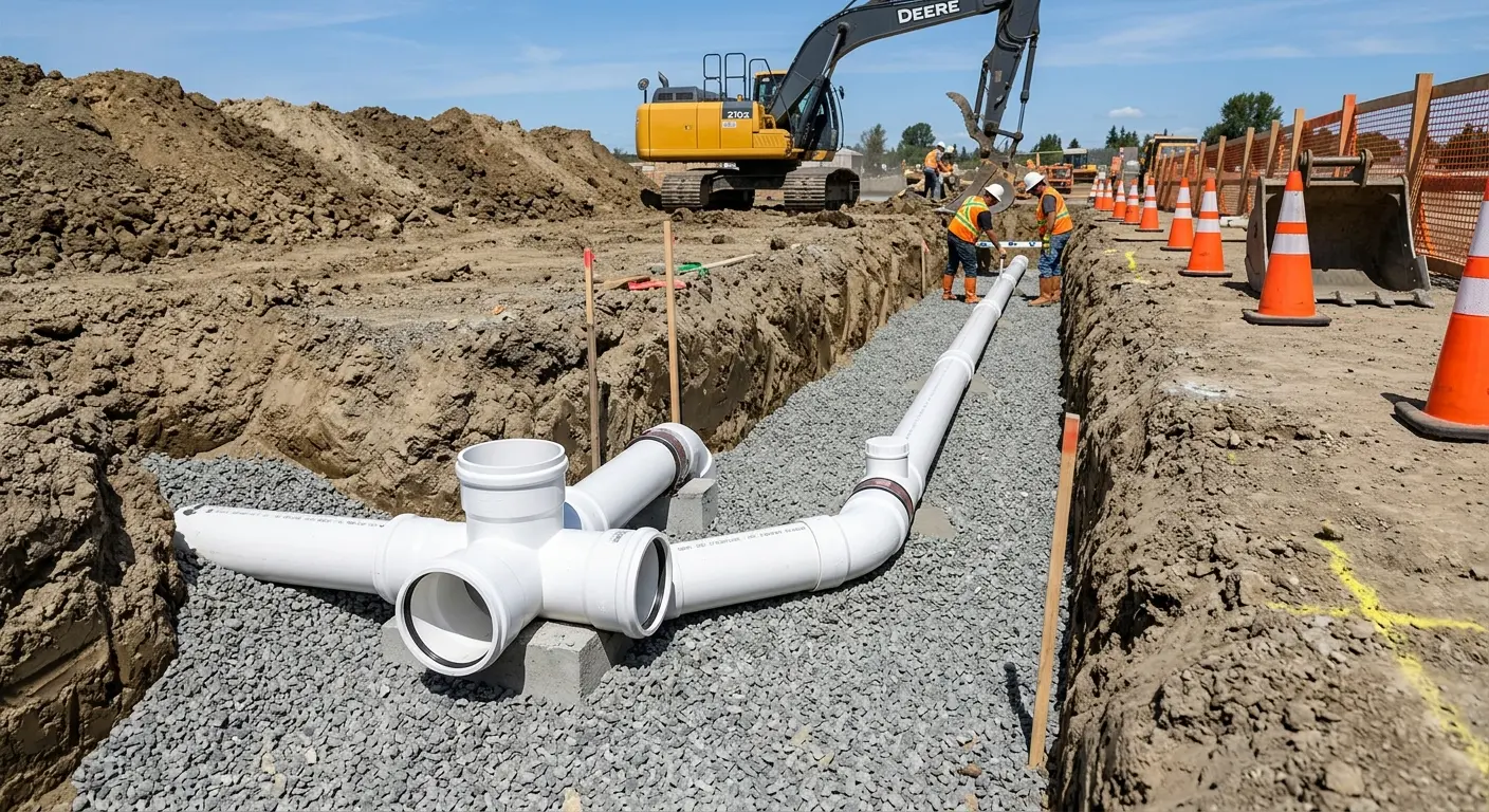 New PVC sewer pipe installation in open trench for Grease Trap Cleaning in Canyon