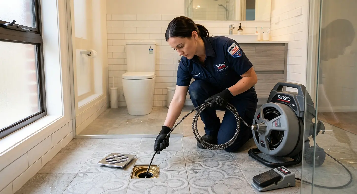 Technician clearing a bathroom floor drain for Clogged Drain Repair in Canyon